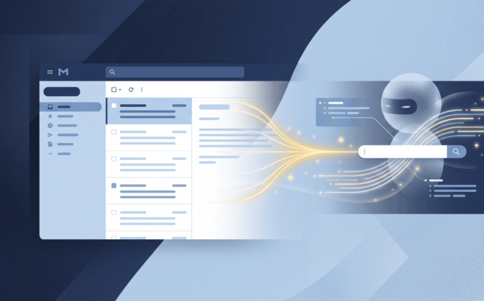 Illustration of an email inbox interface connected to an AI search panel, representing AI-powered email search usage limits.