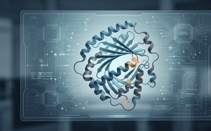 Abstract illustration of a folded protein structure with subtle computing motifs, representing AI-driven protein structure prediction.