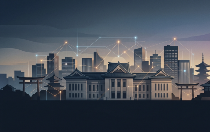 Editorial illustration of a Japanese municipal skyline overlaid with abstract digital network lines, representing AI integration in local government.