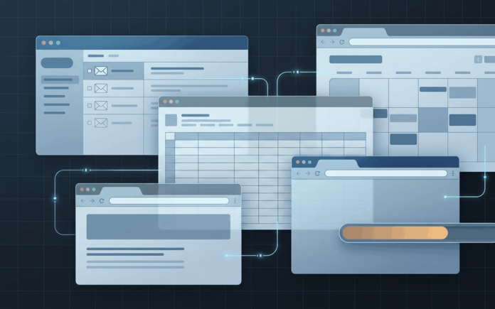 Abstract illustration of an AI agent navigating multiple connected application windows, representing a long-horizon computer-use benchmark.