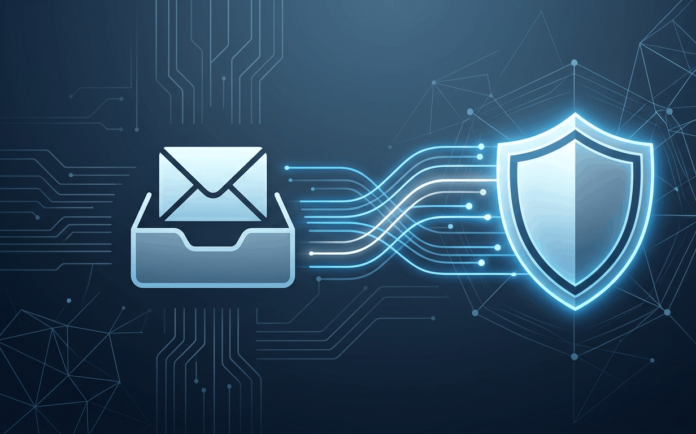 Abstract illustration representing email threat protection with a shield and connected data lines on a dark technology background.