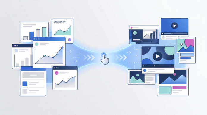 Abstract illustration showing marketing performance data flowing manually into an AI creative generation process, representing Runway Agent 2.0's data workflow.