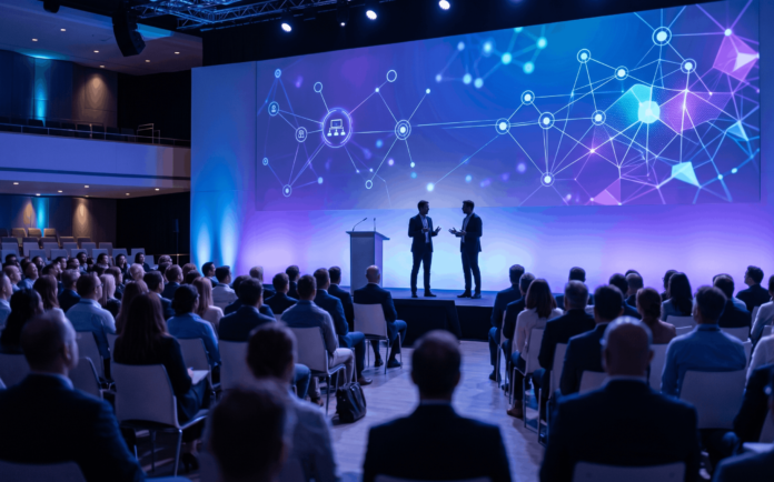 Illustrative editorial image of an enterprise technology keynote stage with two speaker silhouettes and abstract network graphics, representing coverage of Salesforce's 2026 AI announcements.