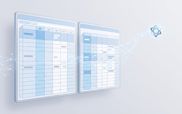 Abstract illustration of a spreadsheet interface connected to an AI assistant icon, representing Smartsheet's Table View and AI architecture.