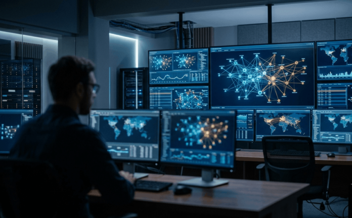 Security operations center with monitors displaying abstract network security data, representing continuous automated security monitoring.