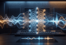 Abstract illustration of sound waveforms and neural network patterns representing AI music generation technology.