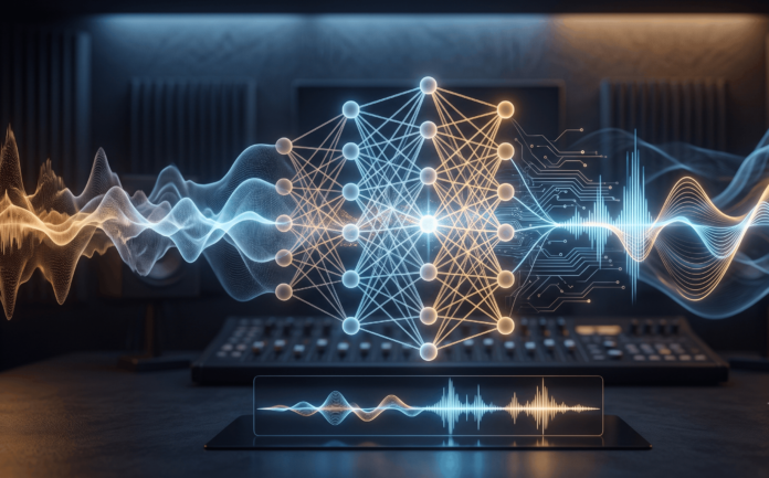 Abstract illustration of sound waveforms and neural network patterns representing AI music generation technology.