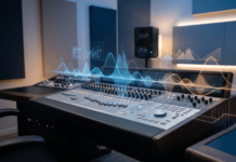 Abstract editorial illustration of a music mixing console with digital sound waveforms, representing AI music technology and industry licensing.