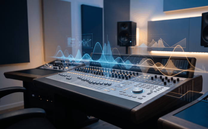Abstract editorial illustration of a music mixing console with digital sound waveforms, representing AI music technology and industry licensing.