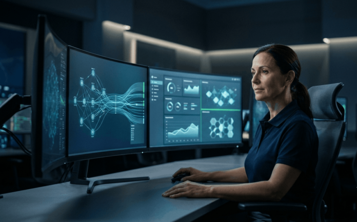 Security analyst monitoring cloud security data visualizations on large screens in a security operations center, representing AI-assisted threat monitoring.
