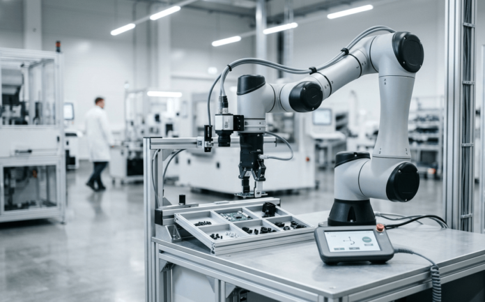 Industrial collaborative robot arm with a vision sensor mounted at its tool flange, representing Universal Robots' Gen 7 platform.